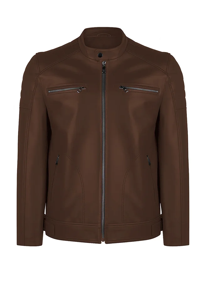 فيليكس هاردي Genuine Leather Brown High Neck Biker Jacket
