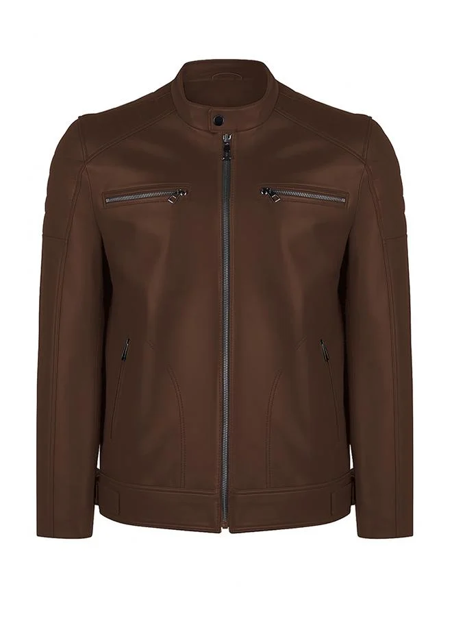 Genuine Leather Brown High Neck Biker Jacket