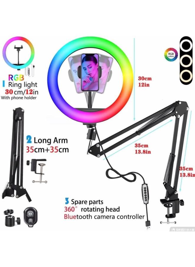 10-Inch Selfie Ring Light Stand Desk Arm Video Recording Fill Light Mobile Phone Bracket Universal Professional Flashlight-Color:12 Inch RGB  - Image 1