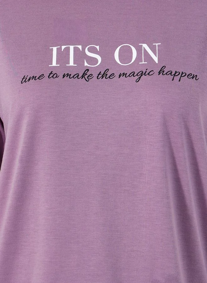 Styli Slogan Print Ruffled Cuff Sleeves T-Shirt & Floral Pyjama Set