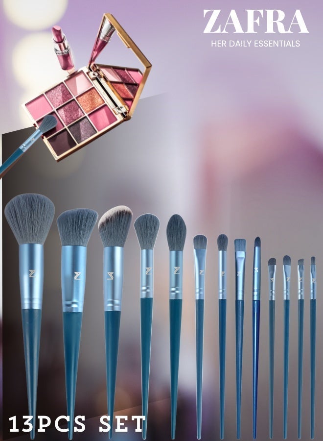 Makeup Brushes Set 13pcs - Blue Velvet Pouch, Soft Bristles for Foundation, Contour, Blush, Highlight, Blending, Eyeshadow, Eyeliner, Concealer, Luxury Cosmetic Brush Kit - Image 1