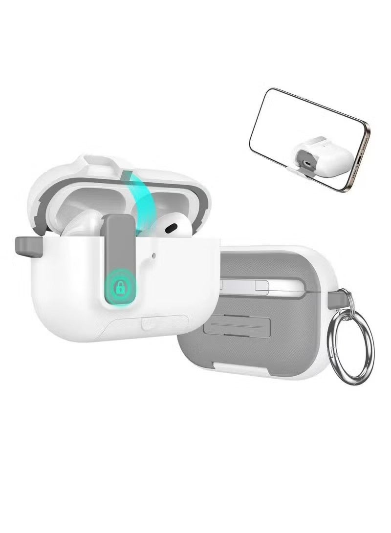 Suitable for Airpods pro3 case, featuring a stand, magnetic closure design, and shockproof lock. The  Airpods pro3 case supports wireless charging and comes with a carabiner. White. - Image 1