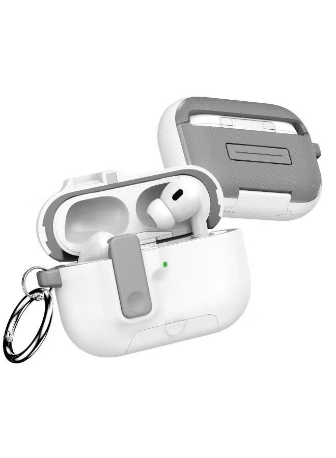 Suitable for Airpods pro3 case, featuring a stand, magnetic closure design, and shockproof lock. The  Airpods pro3 case supports wireless charging and comes with a carabiner. White. - Image 2