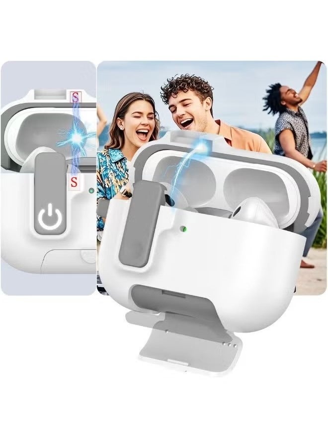 Suitable for Airpods pro3 case, featuring a stand, magnetic closure design, and shockproof lock. The  Airpods pro3 case supports wireless charging and comes with a carabiner. White. - Image 3