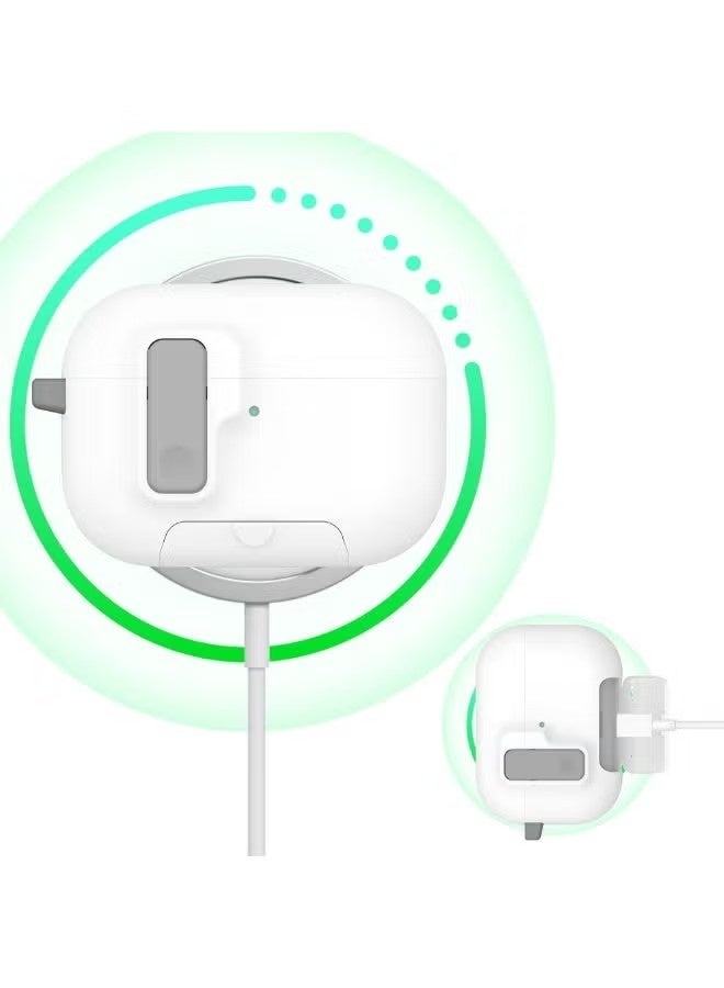 Suitable for Airpods pro3 case, featuring a stand, magnetic closure design, and shockproof lock. The  Airpods pro3 case supports wireless charging and comes with a carabiner. White. - Image 5