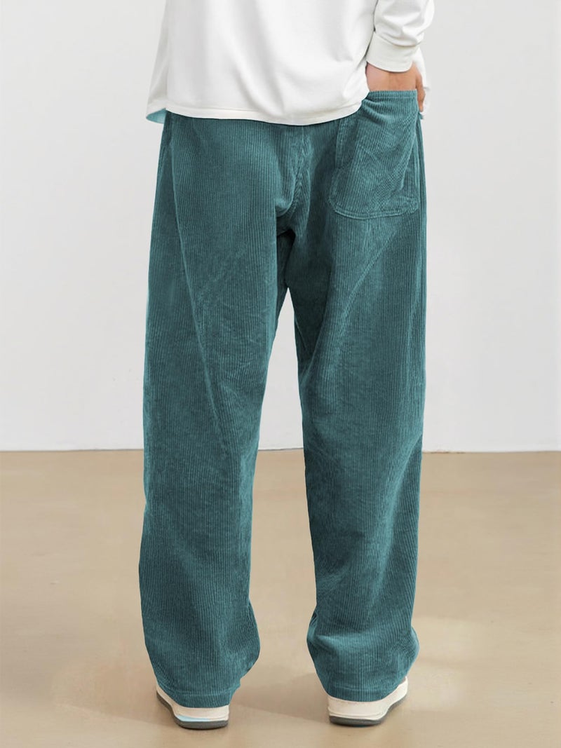 JMIERR Mens Corduroy Pants Baggy Straight Wide Leg Joggers Loose Fit Drawstring Elastic Waist Cargo Sweatpants Vintage Casual Harem Pants, M, Blue - Image 3
