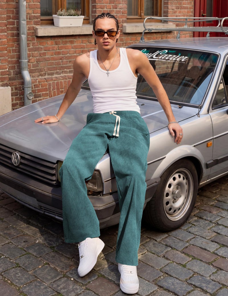 JMIERR Mens Corduroy Pants Baggy Straight Wide Leg Joggers Loose Fit Drawstring Elastic Waist Cargo Sweatpants Vintage Casual Harem Pants, M, Blue - Image 5