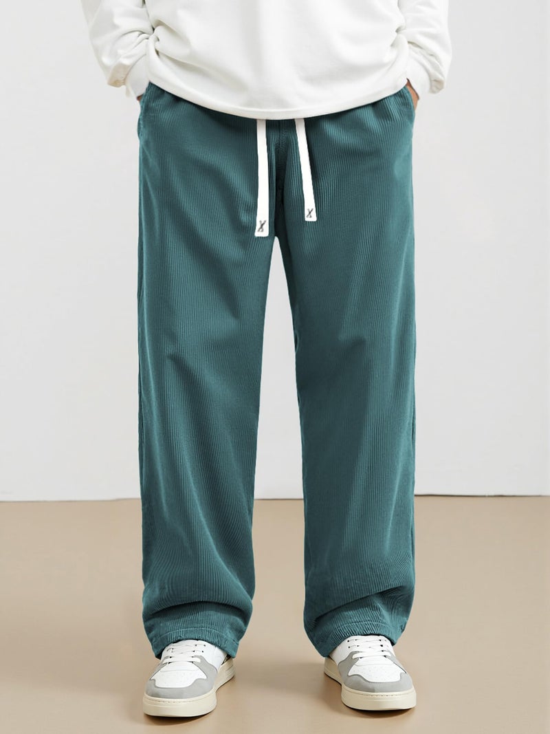 JMIERR Mens Corduroy Pants Baggy Straight Wide Leg Joggers Loose Fit Drawstring Elastic Waist Cargo Sweatpants Vintage Casual Harem Pants, M, Blue - Image 2