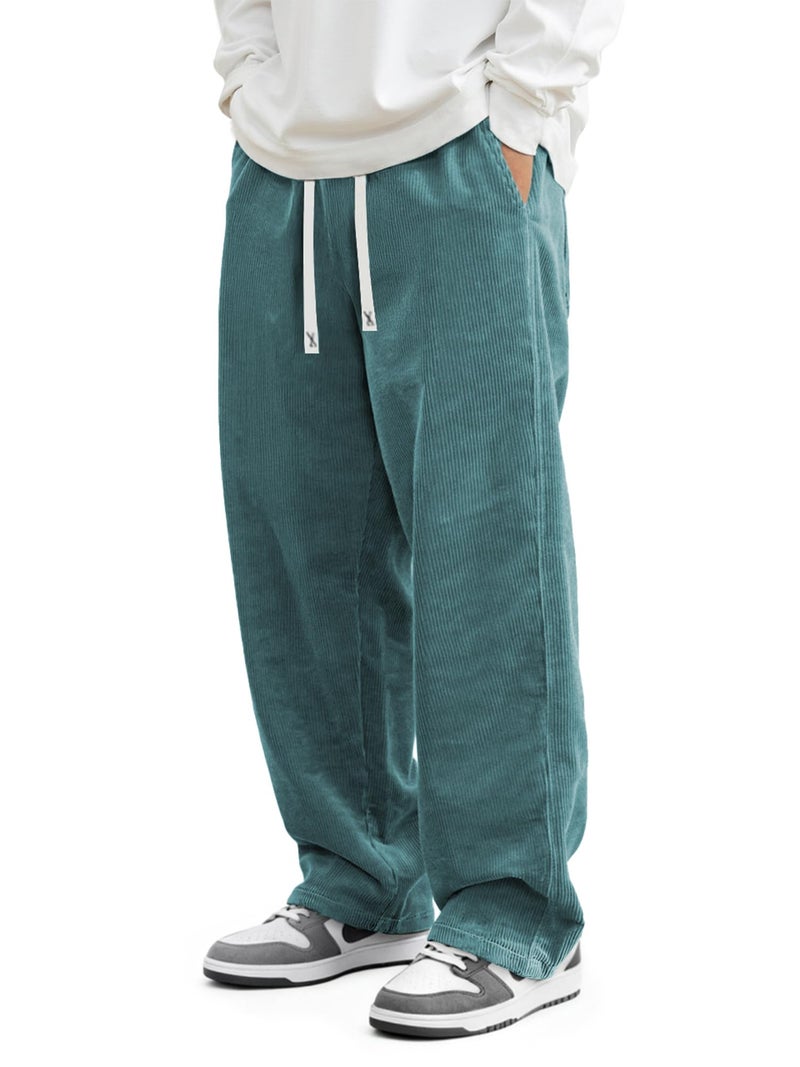 JMIERR Mens Corduroy Pants Baggy Straight Wide Leg Joggers Loose Fit Drawstring Elastic Waist Cargo Sweatpants Vintage Casual Harem Pants, M, Blue - Image 1