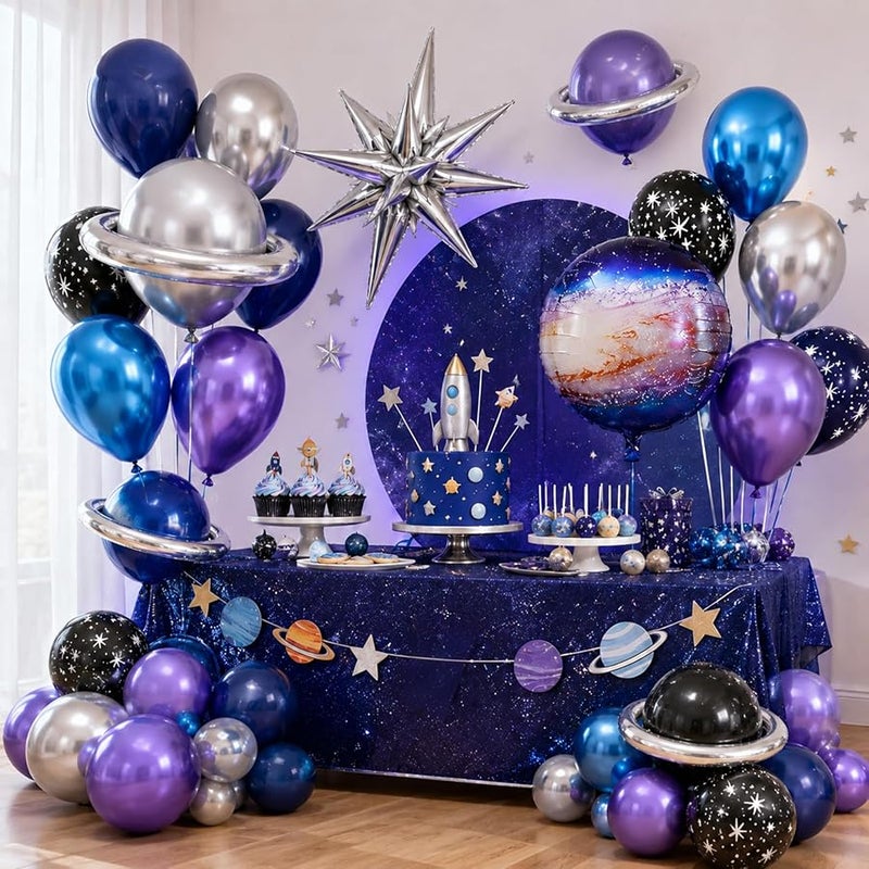 Galaxy Space Balloons, 12 Inch Navy Blue Metallic Blue Purple Silver Black Star Print Balloons with Star Foil Balloons Galaxy 4D Balloon for Boys Astronaut Outer Space Birthday Party Decoration - Image 4