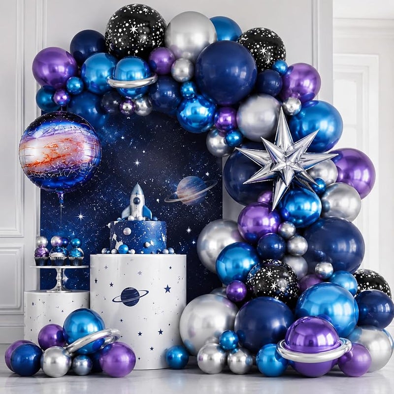 Galaxy Space Balloons, 12 Inch Navy Blue Metallic Blue Purple Silver Black Star Print Balloons with Star Foil Balloons Galaxy 4D Balloon for Boys Astronaut Outer Space Birthday Party Decoration - Image 5