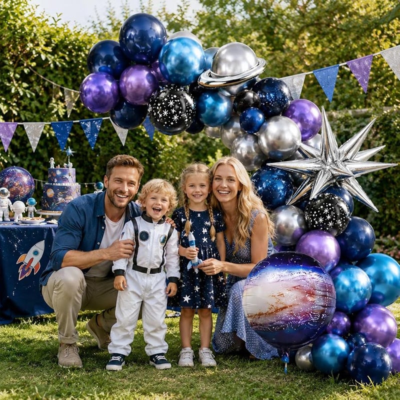 Galaxy Space Balloons, 12 Inch Navy Blue Metallic Blue Purple Silver Black Star Print Balloons with Star Foil Balloons Galaxy 4D Balloon for Boys Astronaut Outer Space Birthday Party Decoration - Image 3