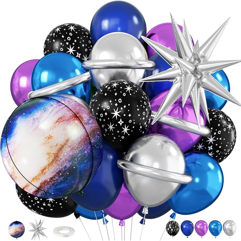 Galaxy Space Balloons, 12 Inch Navy Blue Metallic Blue Purple Silver Black Star Print Balloons with Star Foil Balloons Galaxy 4D Balloon for Boys Astronaut Outer Space Birthday Party Decoration - Image 1