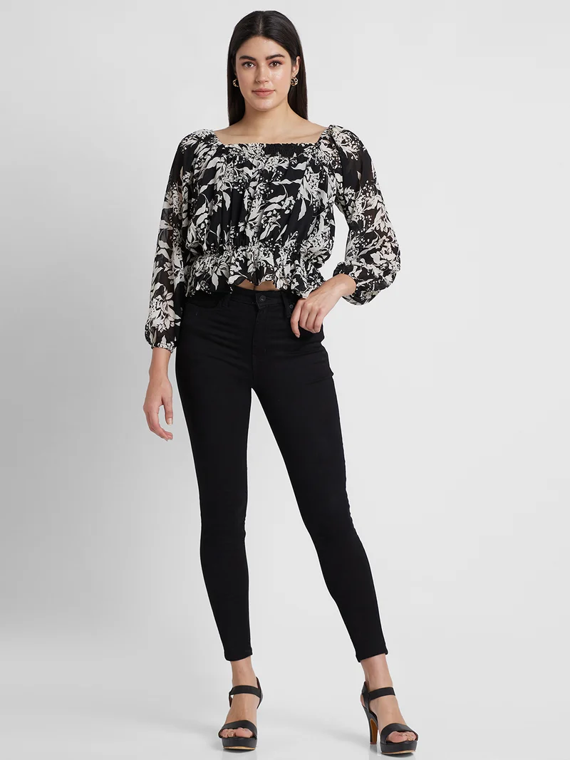 globus Globus Women Floral Printed Puff Sleeves Cinched Waist Crop Top