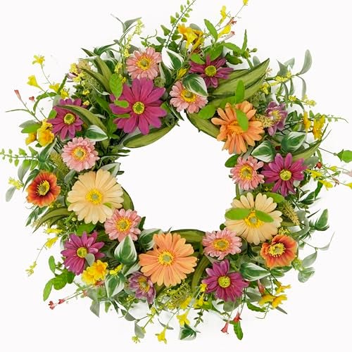 WreathDream Artificial Spring Wreaths for Front Door Summer Door Wreath with Multicolor Daisy for Front Door Indoor Outdoor Farmhouse Home Wall Window Festival Wedding Decor - Image 1