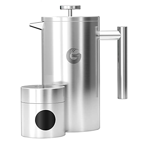 Coffee Gator 304 Grade Stainless Steel French Press Coffee Maker 34 oz, Double Wall Insulated Teapot with 4-Level Filtration System, Include Travel Jar Canister, Rust-Free, Dishwasher Safe, Silver - Image 1