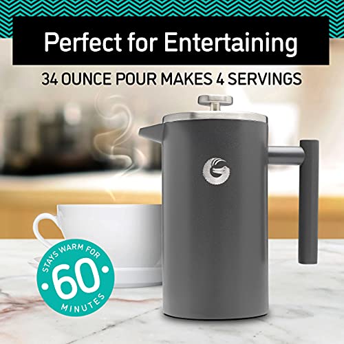 Coffee Gator 304 Grade Stainless Steel French Press Coffee Maker 34 oz, Double Wall Insulated Teapot with 4-Level Filtration System, Include Travel Jar Canister, Rust-Free, Dishwasher Safe, Silver - Image 4