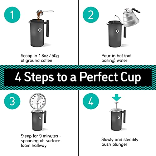 Coffee Gator 304 Grade Stainless Steel French Press Coffee Maker 34 oz, Double Wall Insulated Teapot with 4-Level Filtration System, Include Travel Jar Canister, Rust-Free, Dishwasher Safe, Silver - Image 5