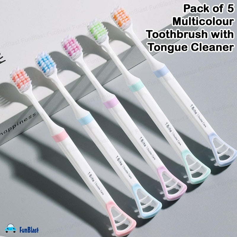 FunBlast Tooth Brush Set - Pack of 5 Pcs Toothbrush with Tongue Cleaner, Wide Brush Head Soft Bristles for Sensitive Teeth, Toothbrush Soft Bristles Manual Tooth Brush for Adults (Multicolour) - Image 4