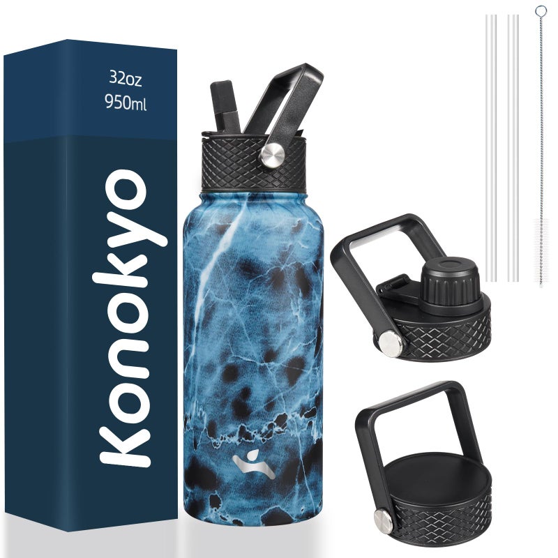 Konokyo 32 oz Insulated Water Bottle Stainless Steel Sport Bottles with 3 LidsMarble Ocean
