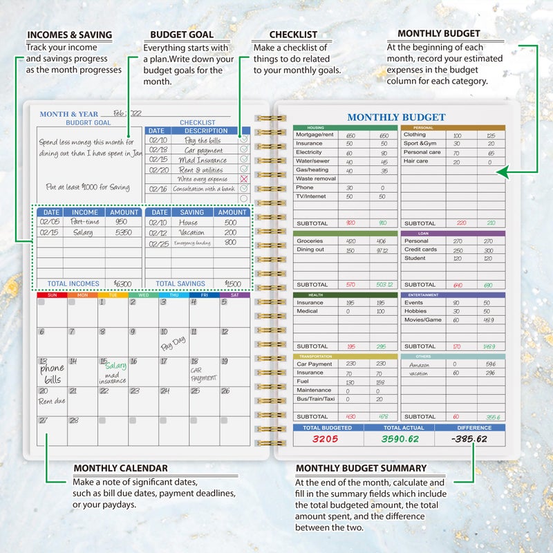 snootion Budget Planner - Monthly Finance Organizer with Expense Tracker Notebook to Manage Your Money Effectively, Undated Finance Planner/Account Book, Start Anytimem,A5(8.6x5.9 inchs),100gsm Paper - Water - Image 3