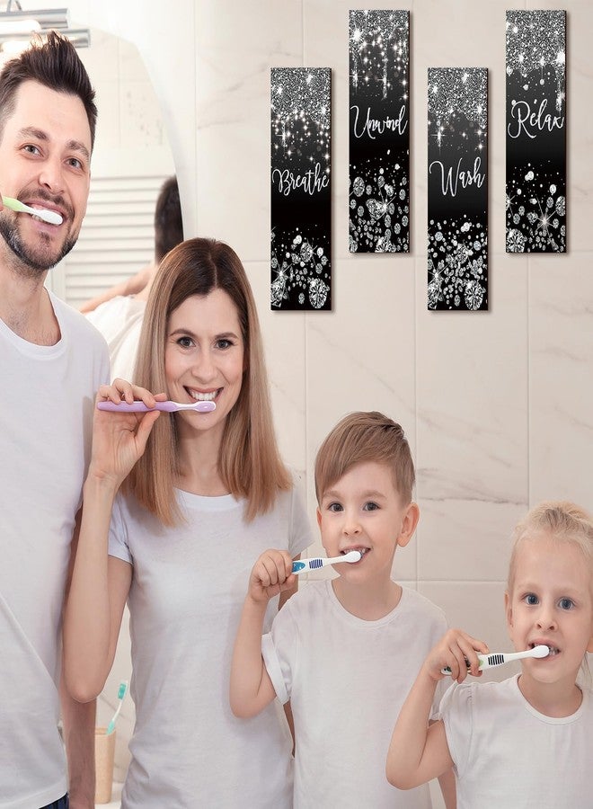 مجموعة ديكور حائط الحمام من هوينا، 4 قطع، باللونين الأسود والفضي، مزينة بأحجار لامعة على شكل ماسة، مصنوعة من الخشب، لتزيين غرفة المعيشة أو الحمام. لافتة "استرخِ، تمنَّ، اهدأ، تنفّس" باللونين الأسود والفضي اللامعين، معلقة على شكل قطرات، مناسبة للحمام والمنتجع الصحي المنزلي. - Image 5