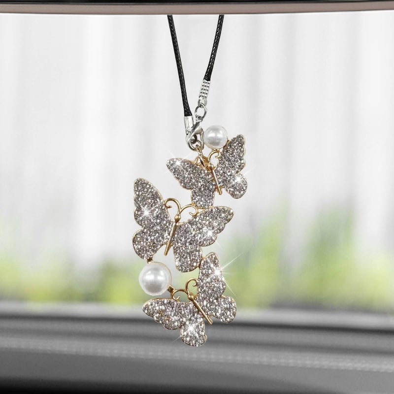 BDZMC Bling Butterfly Diamond Car Hanging Accessories, Crystal Rear View Mirror Charms, Hanging Ornament Pendant Lucky Presents for Women, Interior Decoration Accessories for All Cars (Sliver) - Image 1