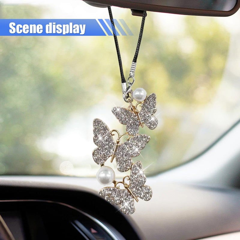 BDZMC Bling Butterfly Diamond Car Hanging Accessories, Crystal Rear View Mirror Charms, Hanging Ornament Pendant Lucky Presents for Women, Interior Decoration Accessories for All Cars (Sliver) - Image 5