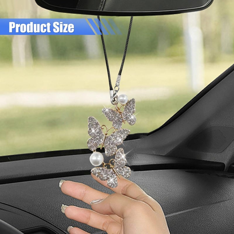 BDZMC Bling Butterfly Diamond Car Hanging Accessories, Crystal Rear View Mirror Charms, Hanging Ornament Pendant Lucky Presents for Women, Interior Decoration Accessories for All Cars (Sliver) - Image 3