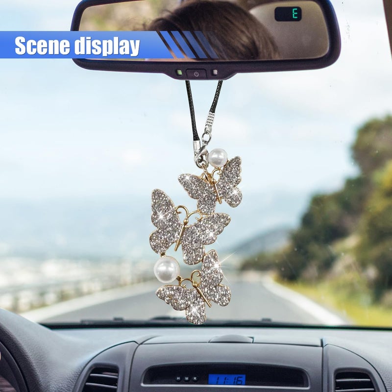 BDZMC Bling Butterfly Diamond Car Hanging Accessories, Crystal Rear View Mirror Charms, Hanging Ornament Pendant Lucky Presents for Women, Interior Decoration Accessories for All Cars (Sliver) - Image 4