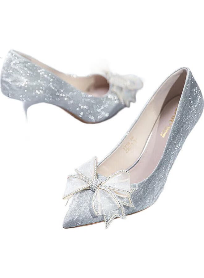 ZHR Women'S High Heels Stiletto Pointed Toe Shallow Mouth Single Shoes With Sequined Butterfly Knot Wedding Shoes Y716 Silver 34 - Image 2