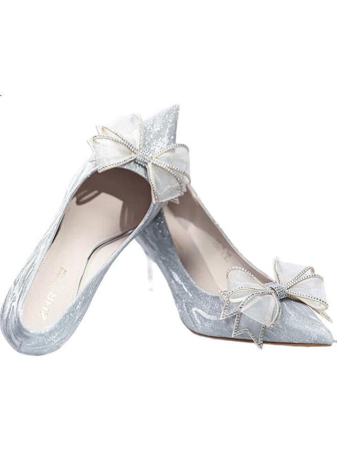ZHR Women'S High Heels Stiletto Pointed Toe Shallow Mouth Single Shoes With Sequined Butterfly Knot Wedding Shoes Y716 Silver 34 - Image 3
