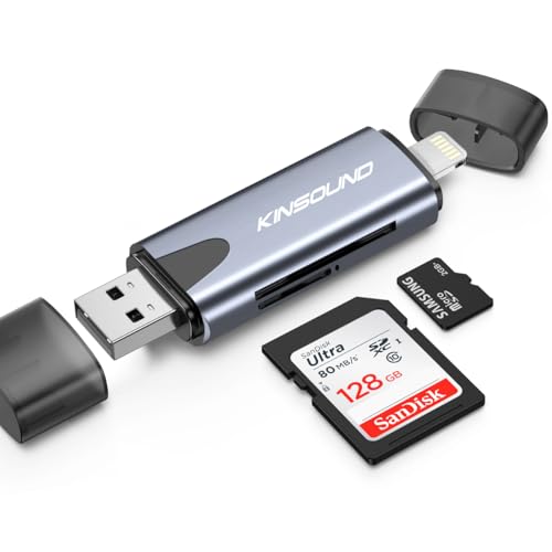 Kinsound Metal Body 4 in 1 SD & TF Card Reader for iPhone with USB & Lighting Ports, Portable Memory Card Reader Compatible with TF, SD, SDHC, SDXC, MMC, RS-MMC, Micro SDXC for iPhone & Computers - Image 1