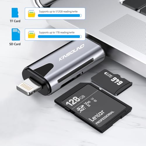 Kinsound Metal Body 4 in 1 SD & TF Card Reader for iPhone with USB & Lighting Ports, Portable Memory Card Reader Compatible with TF, SD, SDHC, SDXC, MMC, RS-MMC, Micro SDXC for iPhone & Computers - Image 2