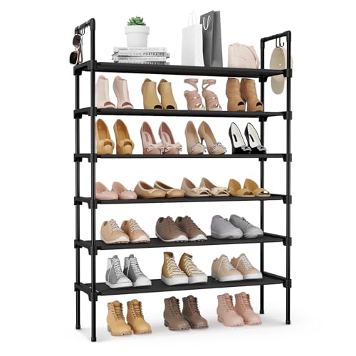 LANTEFUL 6 Tier Shoe Rack for Closet Shoe Organizer with 5 Hooks Long Shoe Shelf Storage for Shoe and Boot Stackable Free Standing Shoe Rack for Entryway Garage Small Spaces Dorm Black