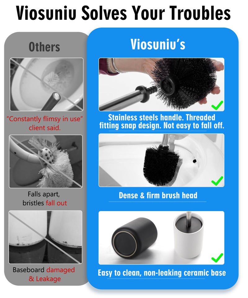 Viosuniu Ceramic Toilet Brush & Holder Set - Freestanding Deep-Cleaning Toilet Bowl Cleaner Brush, Stainless Steel Handle, Small & Sturdy for Storage, Easy to Clean, Non-Scratching - Image 3
