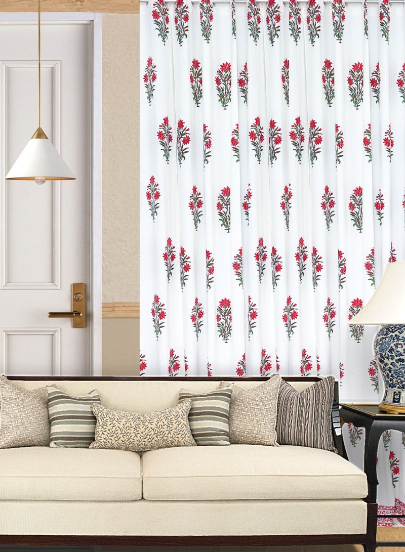 OJARIYA White & Red Lily Hand Block Printed Premium Cotton Curtains 274 x 152 cm - Image 2