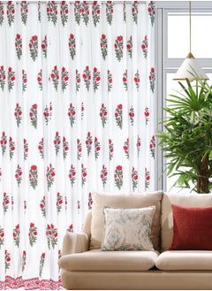 OJARIYA White & Red Lily Hand Block Printed Premium Cotton Curtains 274 x 152 cm  - Image 1