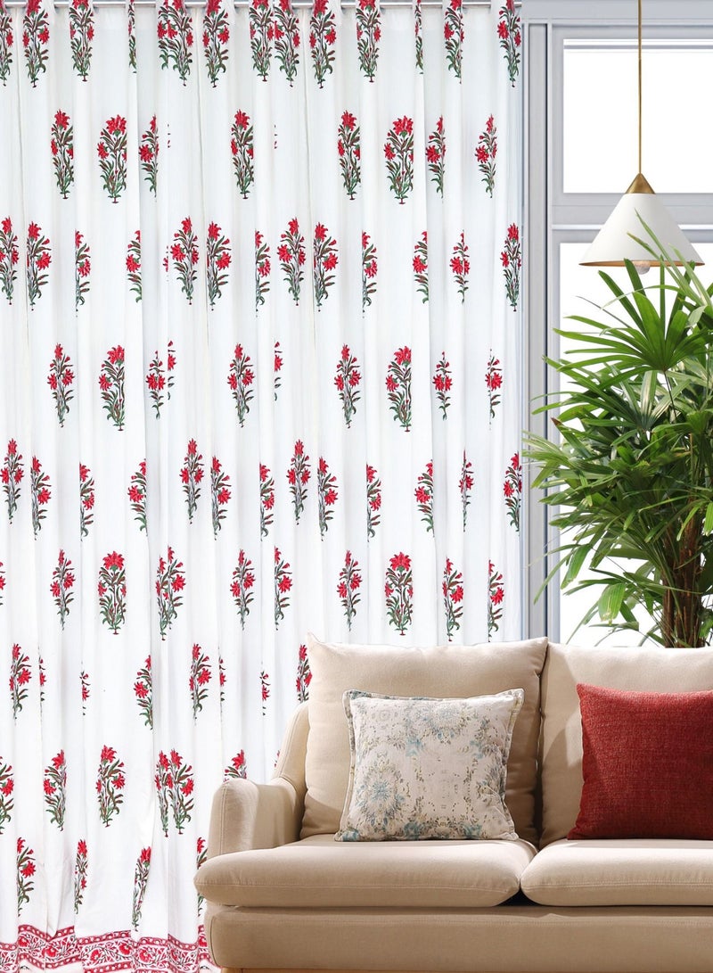 OJARIYA White & Red Lily Hand Block Printed Premium Cotton Curtains 274 x 152 cm - Image 1