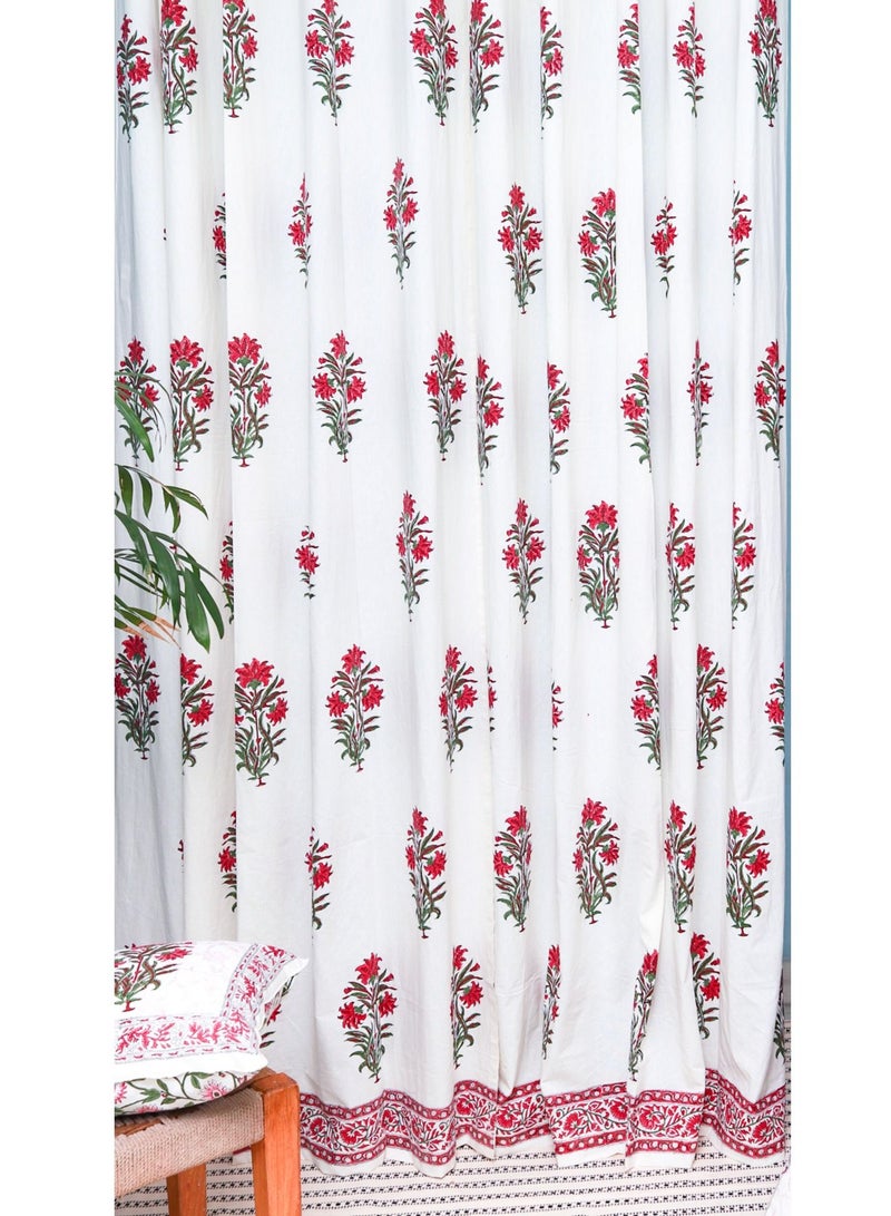 OJARIYA White & Red Lily Hand Block Printed Premium Cotton Curtains 274 x 152 cm - Image 3