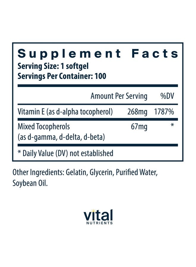 Vital Nutrients Vitamin E with Mixed Tocopherols | Potent Antioxidant Vitamin E Supplements to Support Cardiovascular Health* | Gluten and Dairy Free | Non-GMO | 100 Softgels - Image 2