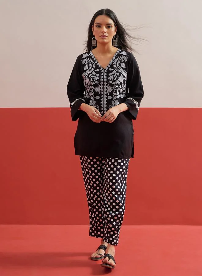 Black Embroidered Short Kurti with Polka Pants Set