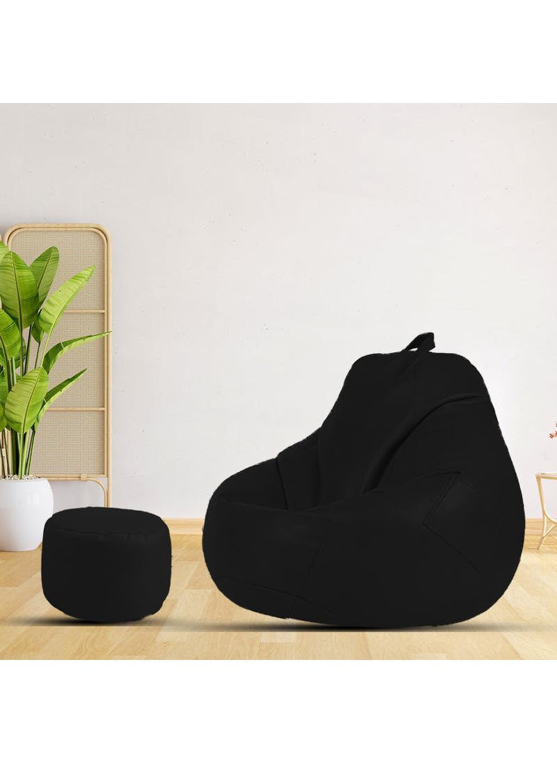 MACCA MACCAXL Faux Leather Bean Bag Chair with Stool Ready to Use Filled with Beans Black 