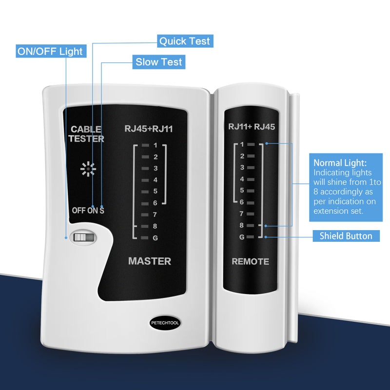 PETECHTOOL Network Ethernet Cable Tester for LAN RJ45 Cat5 Cat5e Cat6 Cat6a Cat7 UTP/Shielded Cable and RJ11 RJ12 - Image 2