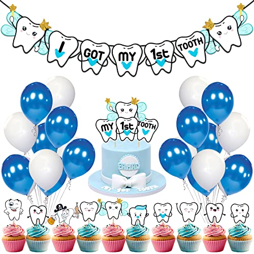 ZYOZIQUE 37 Pcs -I Got My First Tooth Decoration/First Tooth Decoration/First Tooth Decoration Items For Baby/My First Tooth Decoration/-Colour Blue, Birthday Balloons - Image 1