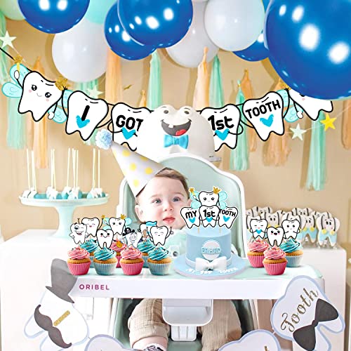 ZYOZIQUE 37 Pcs -I Got My First Tooth Decoration/First Tooth Decoration/First Tooth Decoration Items For Baby/My First Tooth Decoration/-Colour Blue, Birthday Balloons - Image 3
