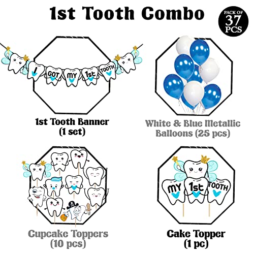 ZYOZIQUE 37 Pcs -I Got My First Tooth Decoration/First Tooth Decoration/First Tooth Decoration Items For Baby/My First Tooth Decoration/-Colour Blue, Birthday Balloons - Image 2