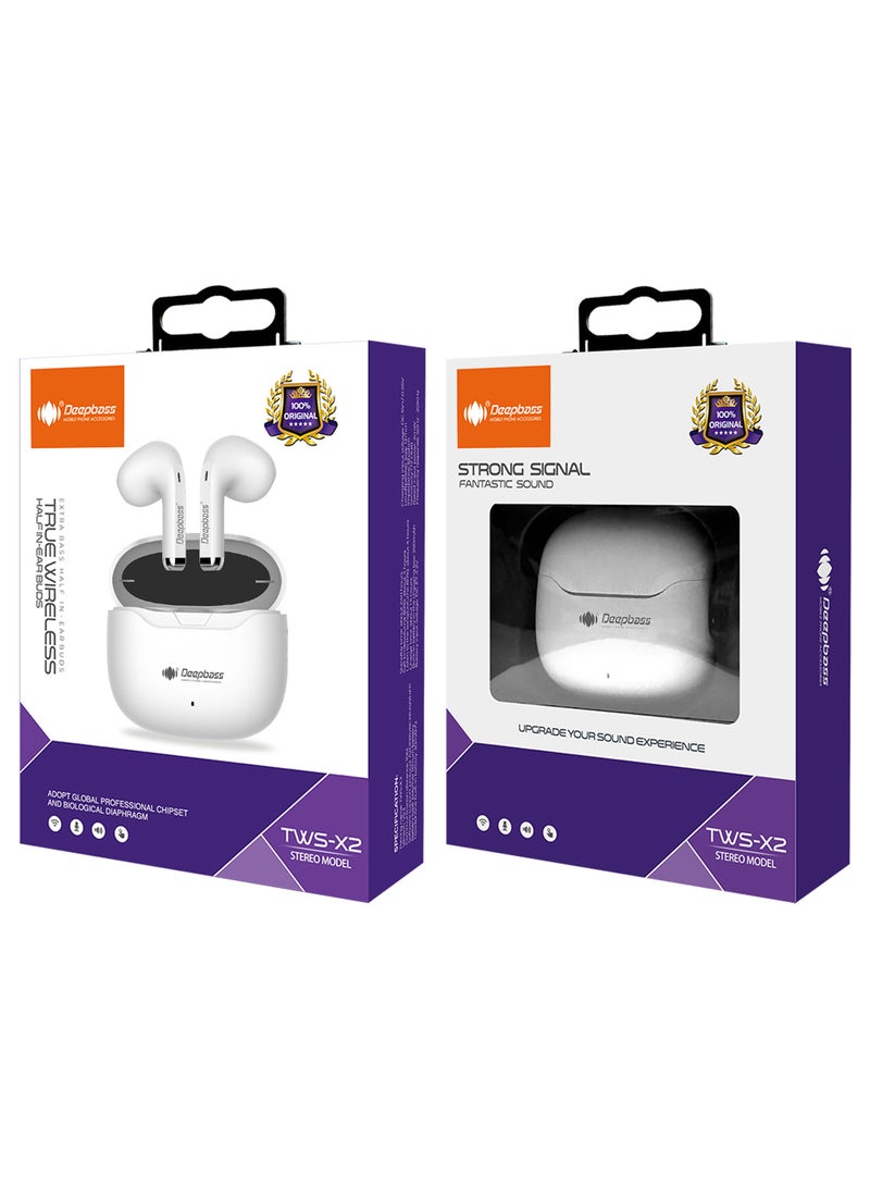 Deepbass TWS-X2: سماعات أذن لاسلكية هجينة مع إلغاء الضوضاء النشط | شريحة GlobalWorkship™ | تصميم نصف داخل الأذن - أبيض - Image 3