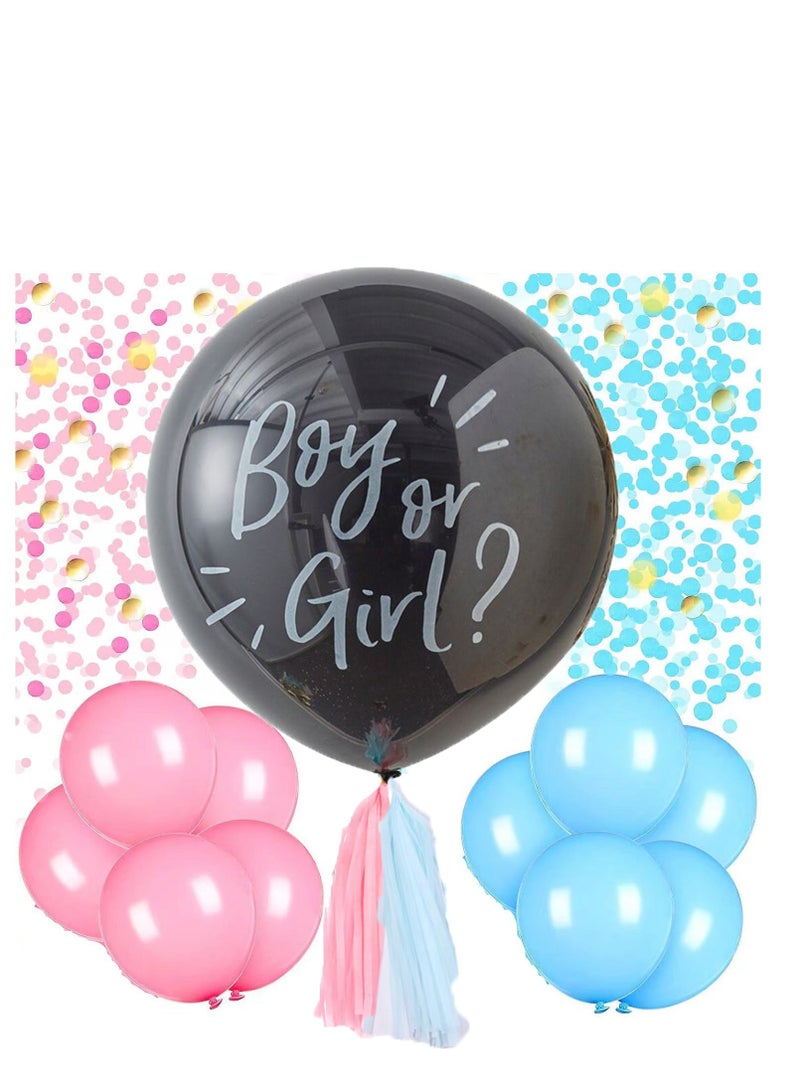 Giant Gender Reveal Balloon Kit, 1 piece 36" black balloon with blue pink tassel and heart confetti for baby shower - Image 1
