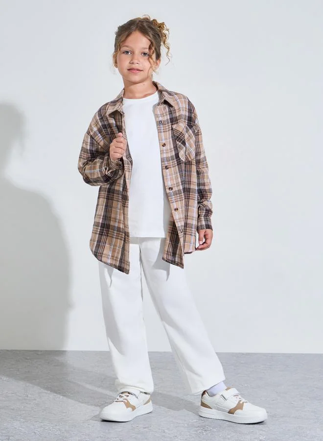 Styli Teen Girls Brown Checked Pocket Detail Oversized Shirt